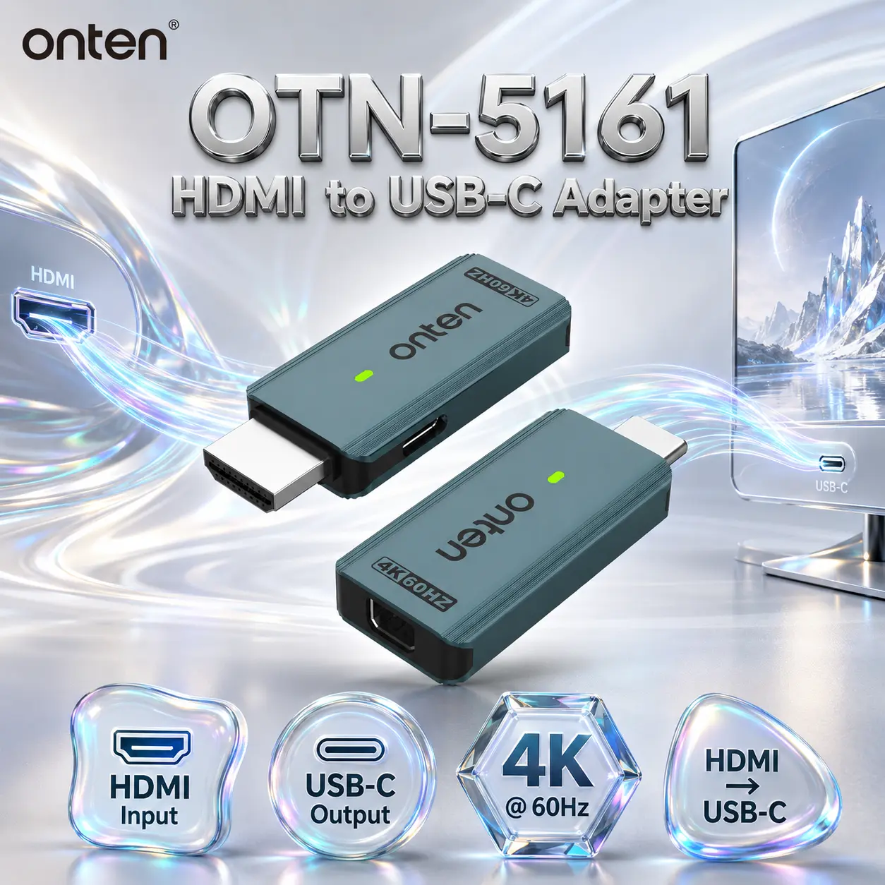 IMG_6a831e4319116.webp ONTEN OTN-5161 HDMI to USB-C Adapter – HDMI Input to USB-C Output, Up to 4K@60Hz, Compact Plug-In Design - Image 1