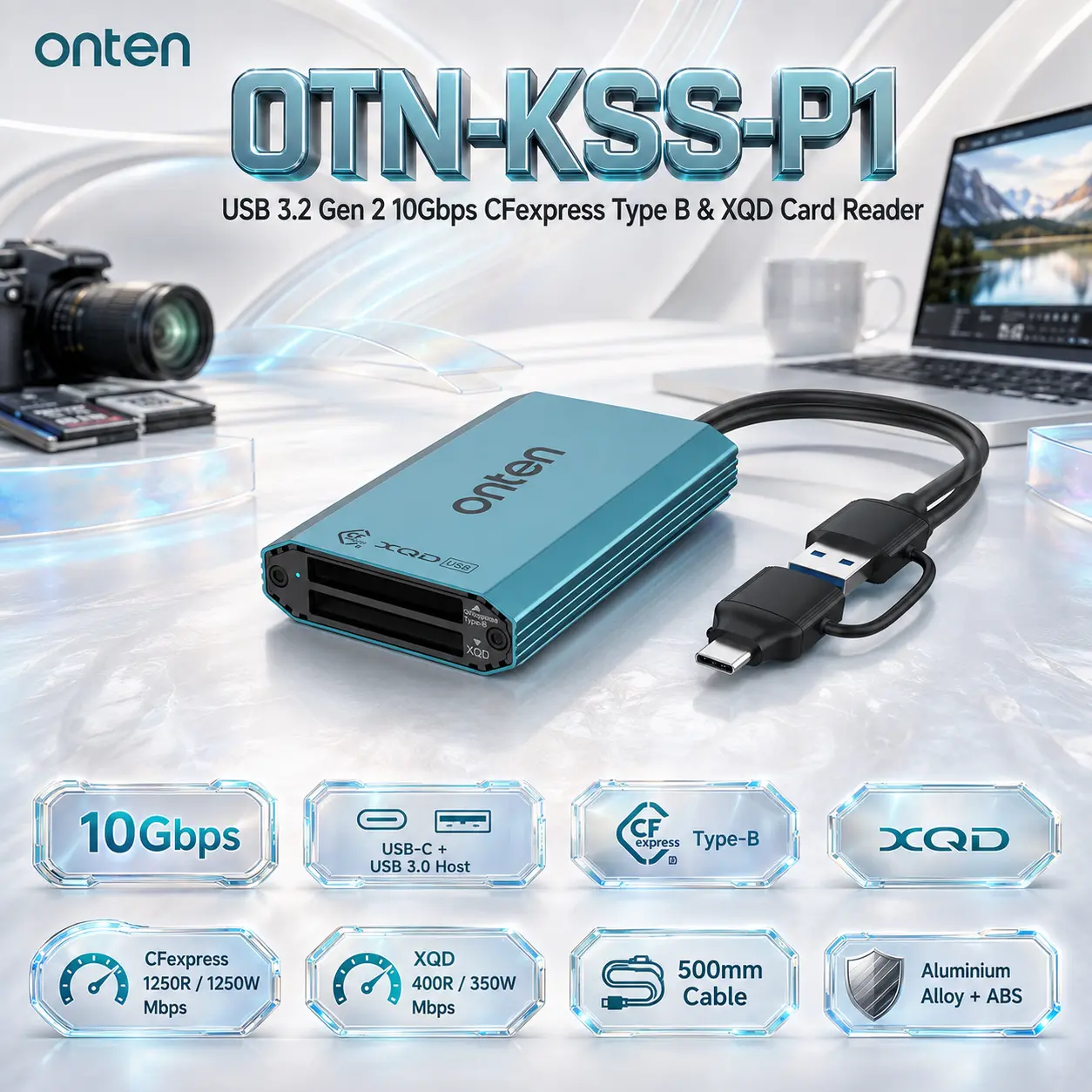 IMG_6a8450cbd6a8b.webp ONTEN OTN-KSS-P1 USB 3.2 Gen 2 10Gbps CFexpress Type B & XQD Card Reader With USB-C/USB 3.0, 1250Mbps CFexpress Read/Write, 500mm Cable - Image 1