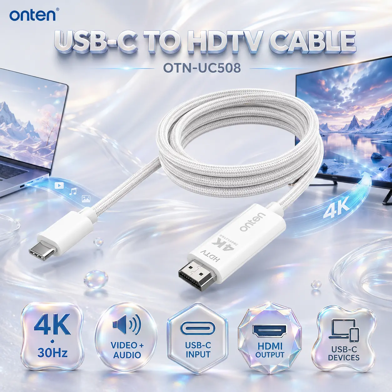 IMG_6a85892b23e7f-3.webp ONTEN OTN-UC508 USB-C to HDTV Cable, 4K@30Hz Video & Audio Output, USB-C to HDMI Male Connection for Compatible USB-C Devices, Displays and TVs - Image 1