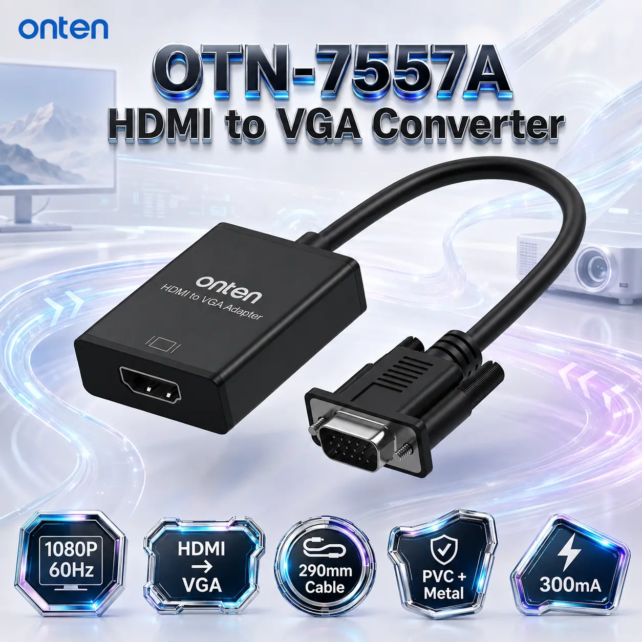 IMG_6a85b0af2cd66.webp ONTEN OTN-7557A HDMI to VGA Converter – 1080P/60Hz Video Adapter, 290mm Cable, PVC + Metal Build, 300mA Operation, for Set-Top Box, NS, PS4, Switch, Monitor & Projector Connection. - Image 1