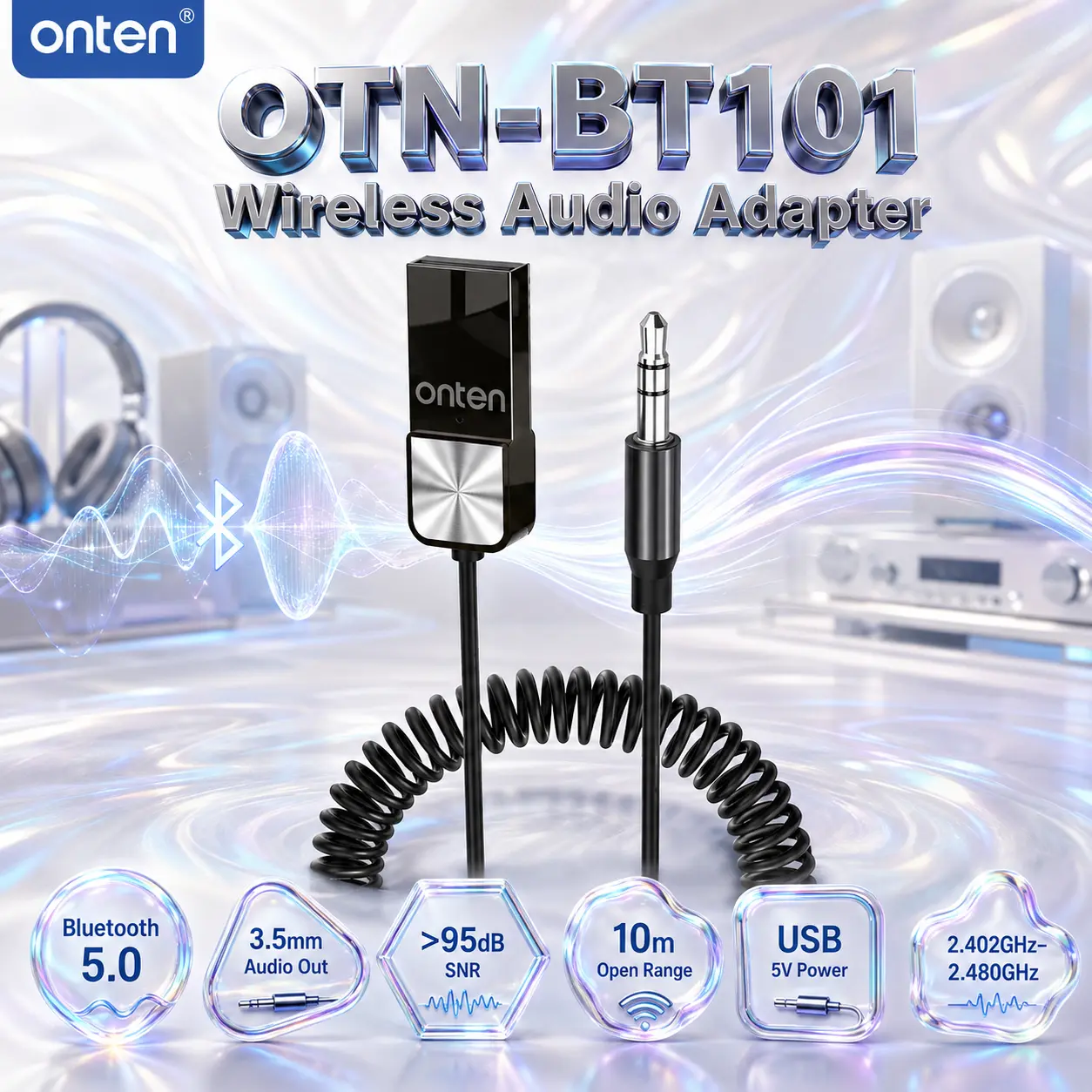 IMG_6a85b5878bbfb.webp ONTEN OTN-BT101 USB Bluetooth Adapter Cable – Wireless Audio Adapter With 3.5mm Audio Output, Bluetooth 5.0, >95dB SNR, 10m Range, and USB 5V Power - Image 1