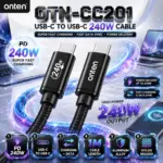 ONTEN OTN-CC201 USB-C to USB-C PD 240W Super Fast Charging Data Cable 1M – Aluminum Alloy Connectors With Durable Nylon Braided Cable