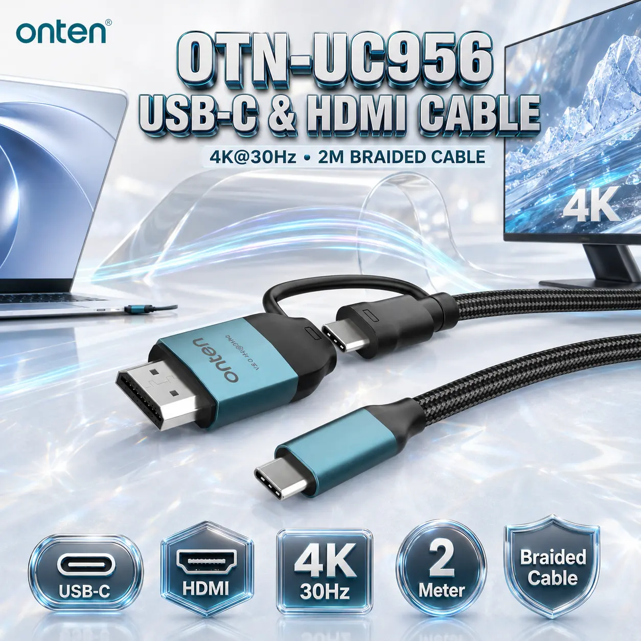 IMG_6a86e417bb0af.webp ONTEN OTN-UC956 USB-C to USB-C & HDMI Display Cable, 4K@30Hz Video Support, Braided 2M Cable with Modern Connector Design - Image 1