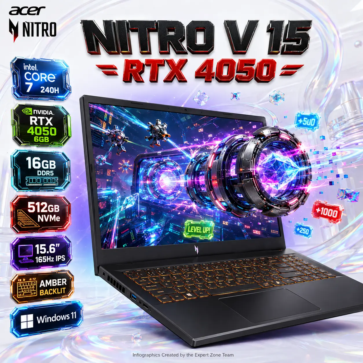 IMG_6a8729a6bdc50.webp Acer Nitro V 15 Intel® Core 7 240H | 16GB DDR5 RAM ; 512GB NVMe SSD | RTX 4050 (6GB) | 15.6 inch 165Hz Active Matrix TFT LCD Display | Amber Backlit Keyboard | Windows 11 | BLACK ~ ANV15-52-70SQ - Image 1