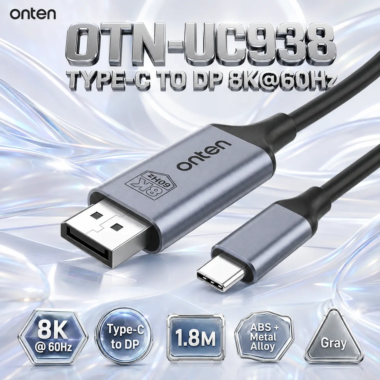 IMG_6a88141a62a4a.webp ONTEN OTN-UC938 USB Type-C to DisplayPort Cable – 8K@60Hz, 1.8M, ABS + Metal Alloy, Gray - Image 1