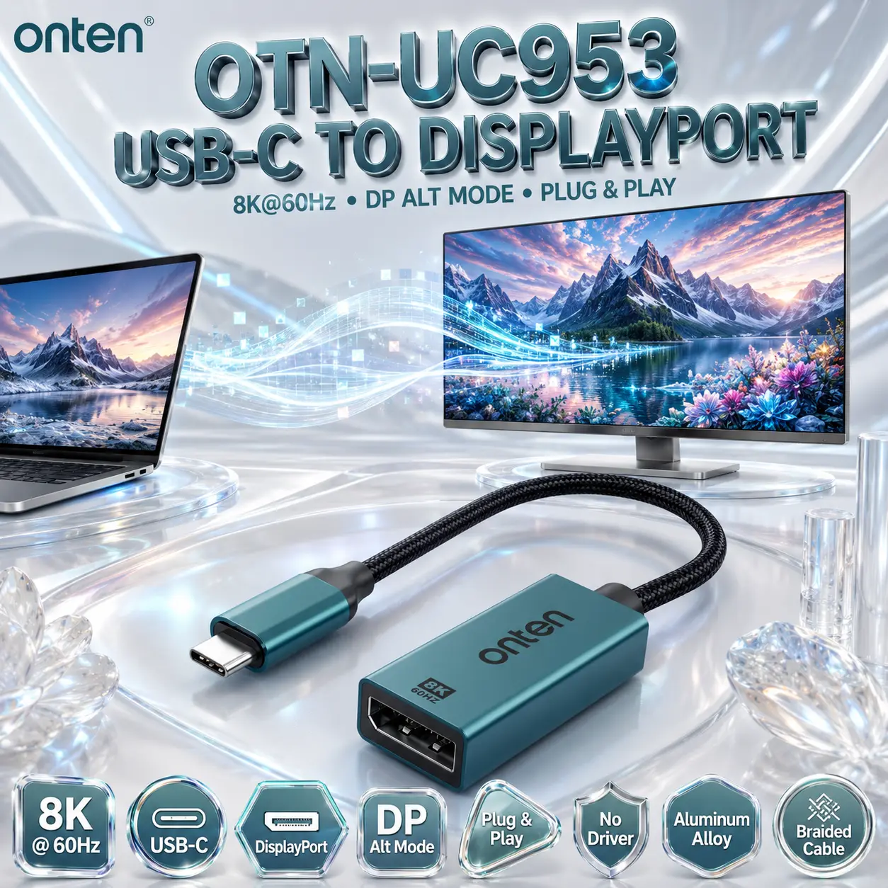 IMG_6a8832d5848e5.webp ONTEN OTN-UC953 USB-C to DisplayPort Adapter – 8K@60Hz, DP Alt Mode, Plug & Play, Aluminum Alloy Housing, Braided Cable, macOS/Windows/Android/Linux - Image 1