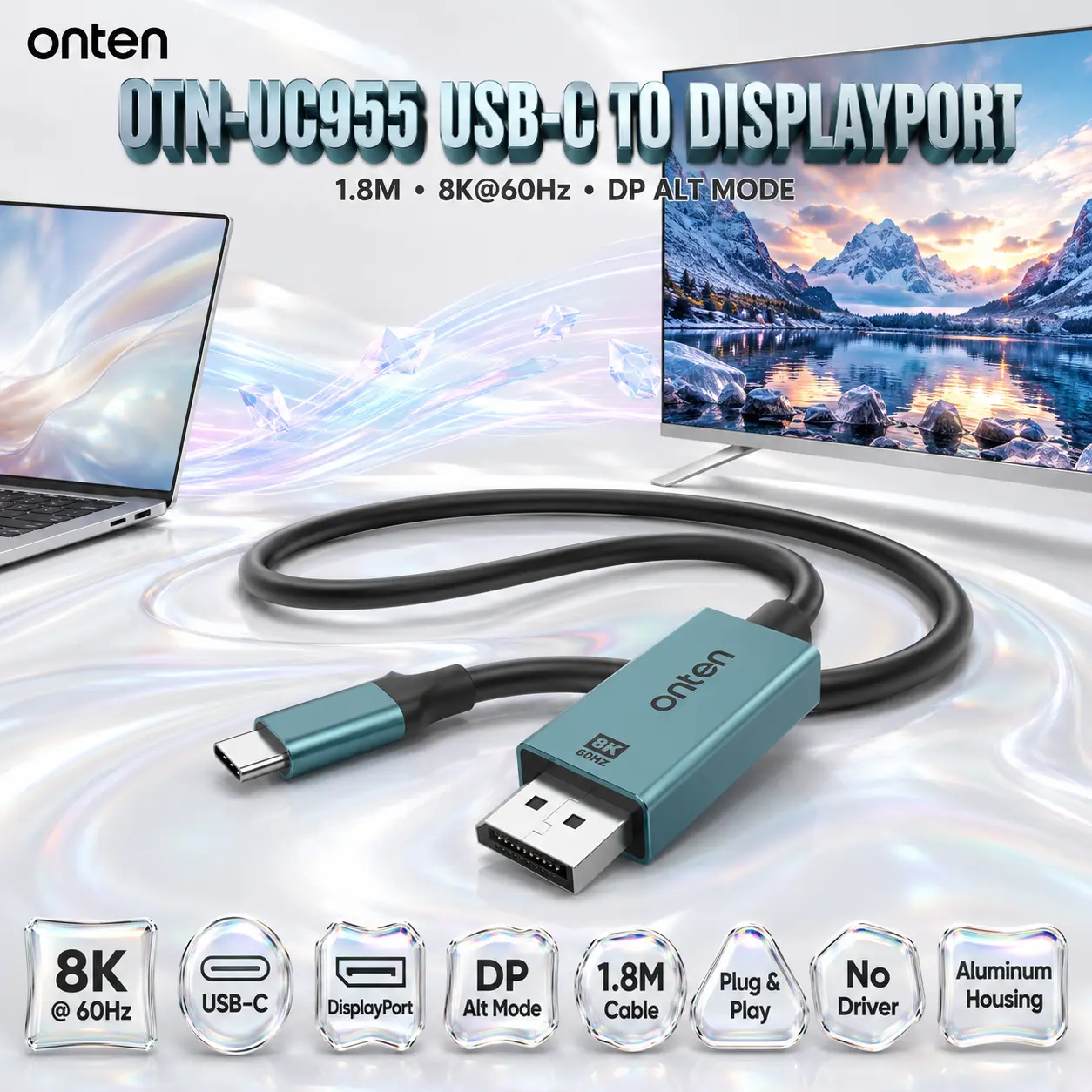 IMG_6a8836445f320.webp ONTEN OTN-UC955 USB-C to DisplayPort Cable – 1.8M, 8K@60Hz, DP Alt Mode, Plug & Play, Aluminum Housing, macOS/Windows/Linux/iPadOS/Android - Image 1