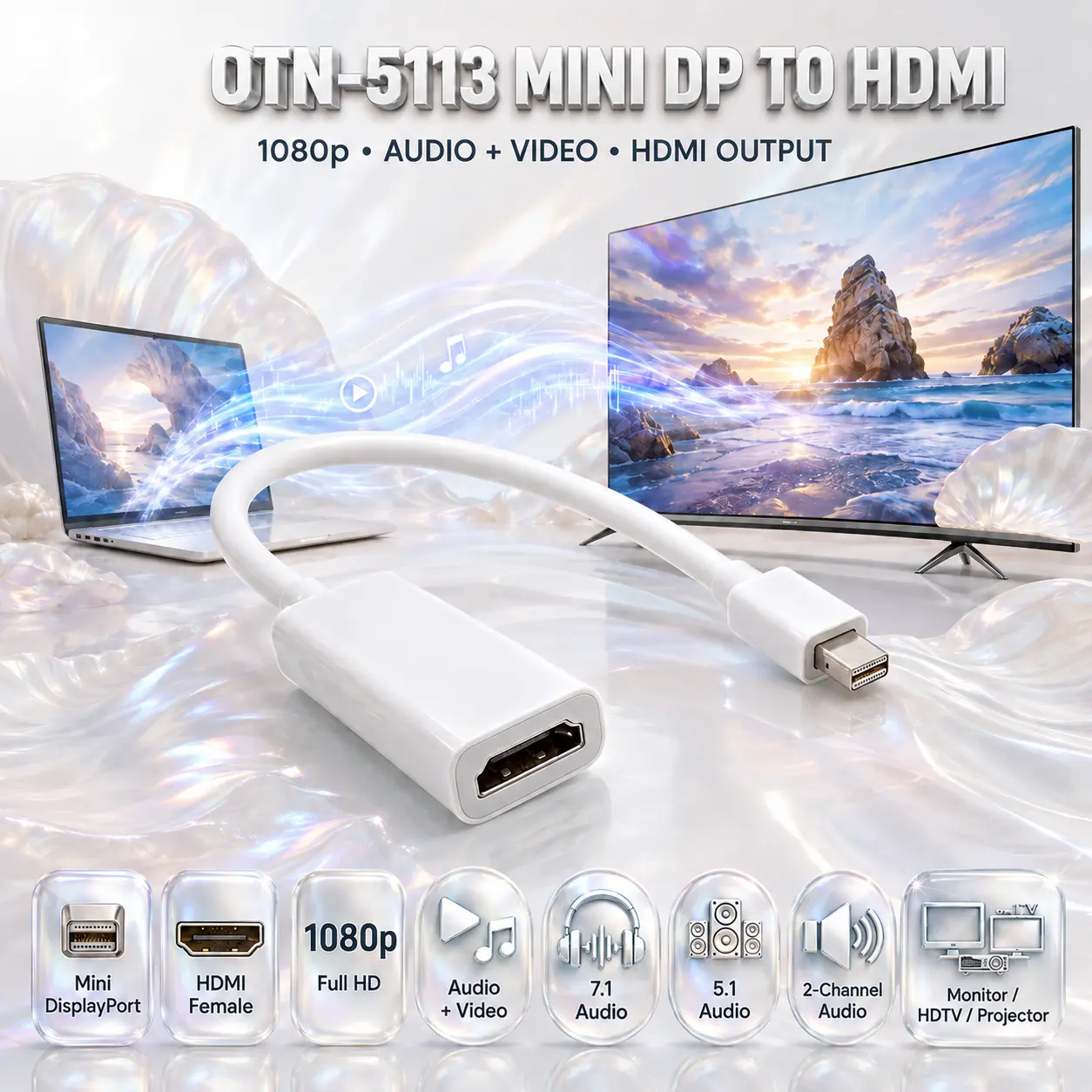 IMG_6a884b45d9a9a-3.webp ONTEN OTN-5113 Mini DisplayPort to HDMI Adapter – Up to 1080p Full HD, Digital Audio & Video, 7.1/5.1/2-Channel Audio Pass-Through, HDMI Female Output - Image 1