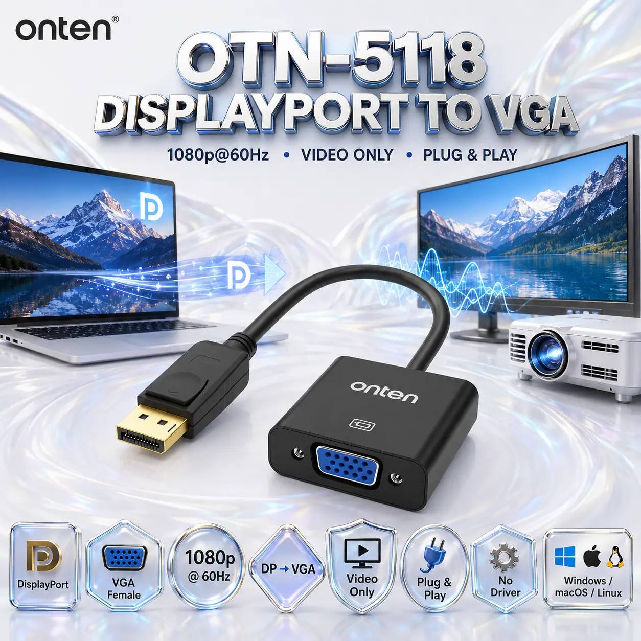 IMG_6a884cfcad693.webp ONTEN OTN-5118 DisplayPort to VGA Adapter – 1080p@60Hz, DP Male to VGA Female, Video Only, Plug & Play, Windows/macOS/Linux - Image 1