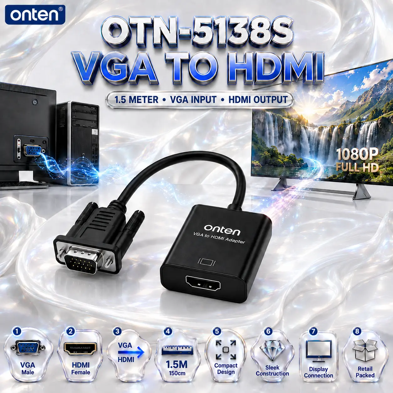 IMG_6a8850b731dcf-1.webp ONTEN OTN-5138S-1.5M VGA to HDMI Converter – 1.5M Compact VGA Male to HDMI Female Adapter, Black - Image 1