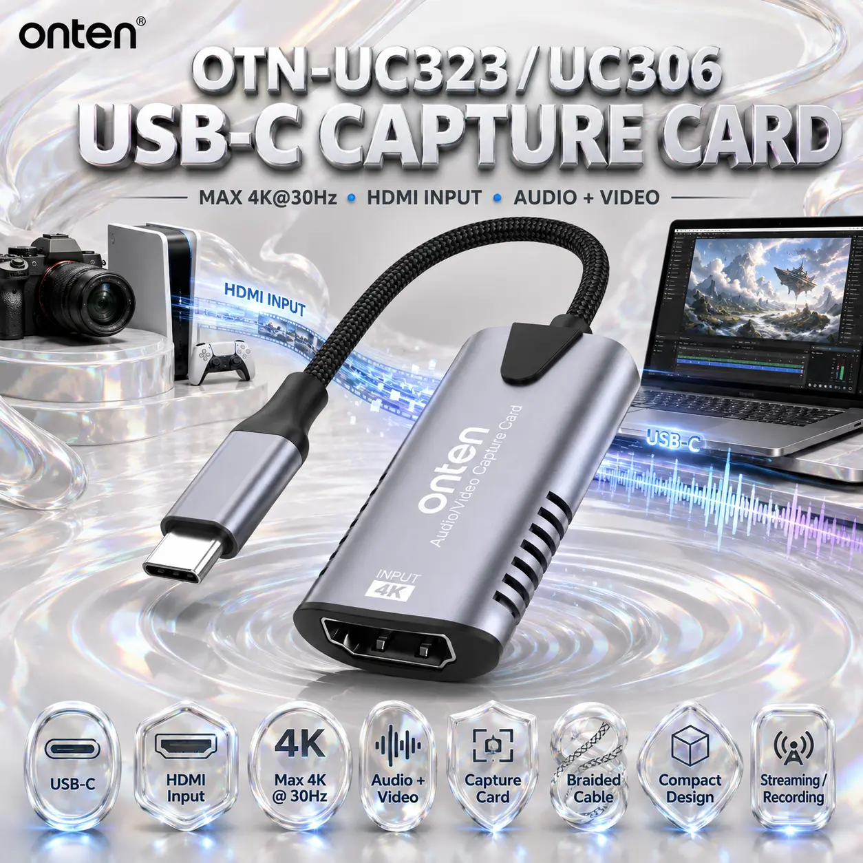 IMG_6a885b8d27ade.webp ONTEN OTN-UC306 / UC323 USB-C Audio Video Capture Card – HDMI Input, Max 4K@30Hz, Compact Braided USB-C Capture Adapter - Image 1
