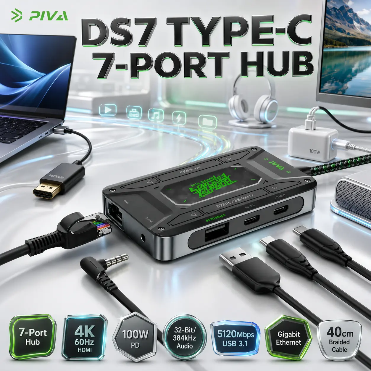 IMG_6a8c29a529b39-3.webp PIVA DS7 USB-C 7-Port Hub – 4K 60Hz HDMI, 100W PD, 32-Bit/384kHz Audio, USB 3.1 5120Mbps, Gigabit Ethernet, Dual Type-C & 40cm Braided Cable - Image 1