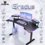 Schrapnel Gradus RGB Electric Adjustable Gaming Desk, 160cm Width Carbon Fiber/Wood Sit-Stand Computer Table with 72–117cm Lift, USB Socket, Cup Holder, Hook & 3 Memory Presets | BLACK