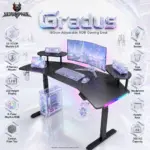 Schrapnel Gradus RGB Electric Adjustable Gaming Desk, 160cm Width Carbon Fiber/Wood Sit-Stand Computer Table with 72–117cm Lift, USB Socket, Cup Holder, Hook & 3 Memory Presets | BLACK