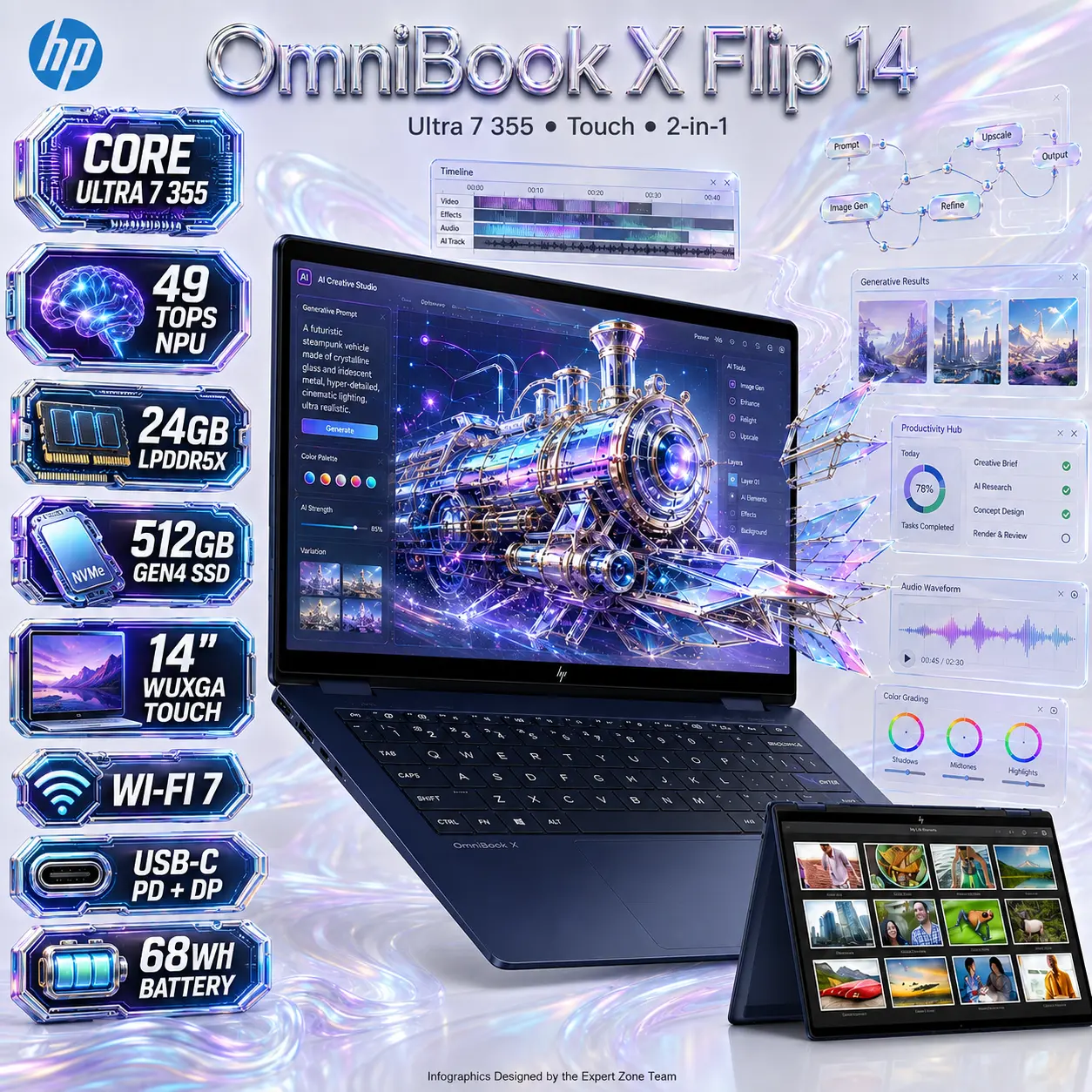 IMG_6a8ef2d812cfe.webp HP OmniBook X Flip NGAI: Core Ultra 7 355 | 24GB DDR5x ; 512GB NVMe | 14-inch 2K Touch IPS Display | Intel Graphics | Backlit Keyboard | Windows 11 | Atmospheric Blue ~ 14-KP0023DX - Image 1