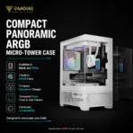 GAMDIAS AURA GC9M ELITE WH ARGB Micro-Tower Case – Panoramic Tempered Glass, 3×120mm ARGB Fans Pre-installed , Micro-ATX / Mini-ITX Support, 280mm GPU, 5V ARGB Sync | WHITE - Image 2