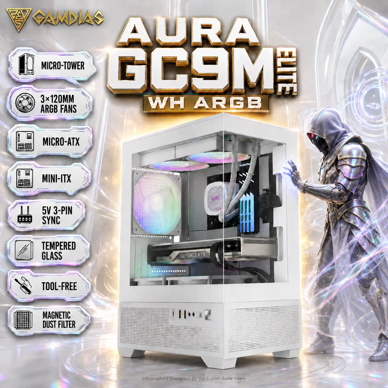 IMG_6a982f44727e5.webp GAMDIAS AURA GC9M ELITE WH ARGB Micro-Tower Case – Panoramic Tempered Glass, 3×120mm ARGB Fans Pre-installed , Micro-ATX / Mini-ITX Support, 280mm GPU, 5V ARGB Sync | WHITE - Image 1
