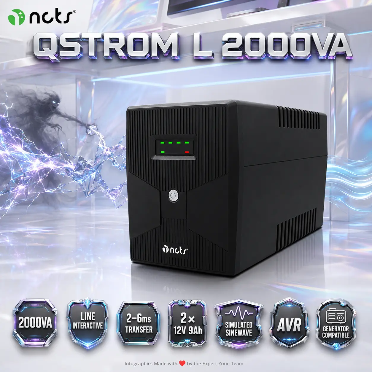 IMG_6a9934230b685-3.webp NCTS QSTROM L 2000VA 1200W Line-Interactive UPS, Simulated Sinewave, 2×12V 9Ah Batteries, AVR, 2–6ms Transfer, Off-Mode Charging & Generator Compatible - Image 1