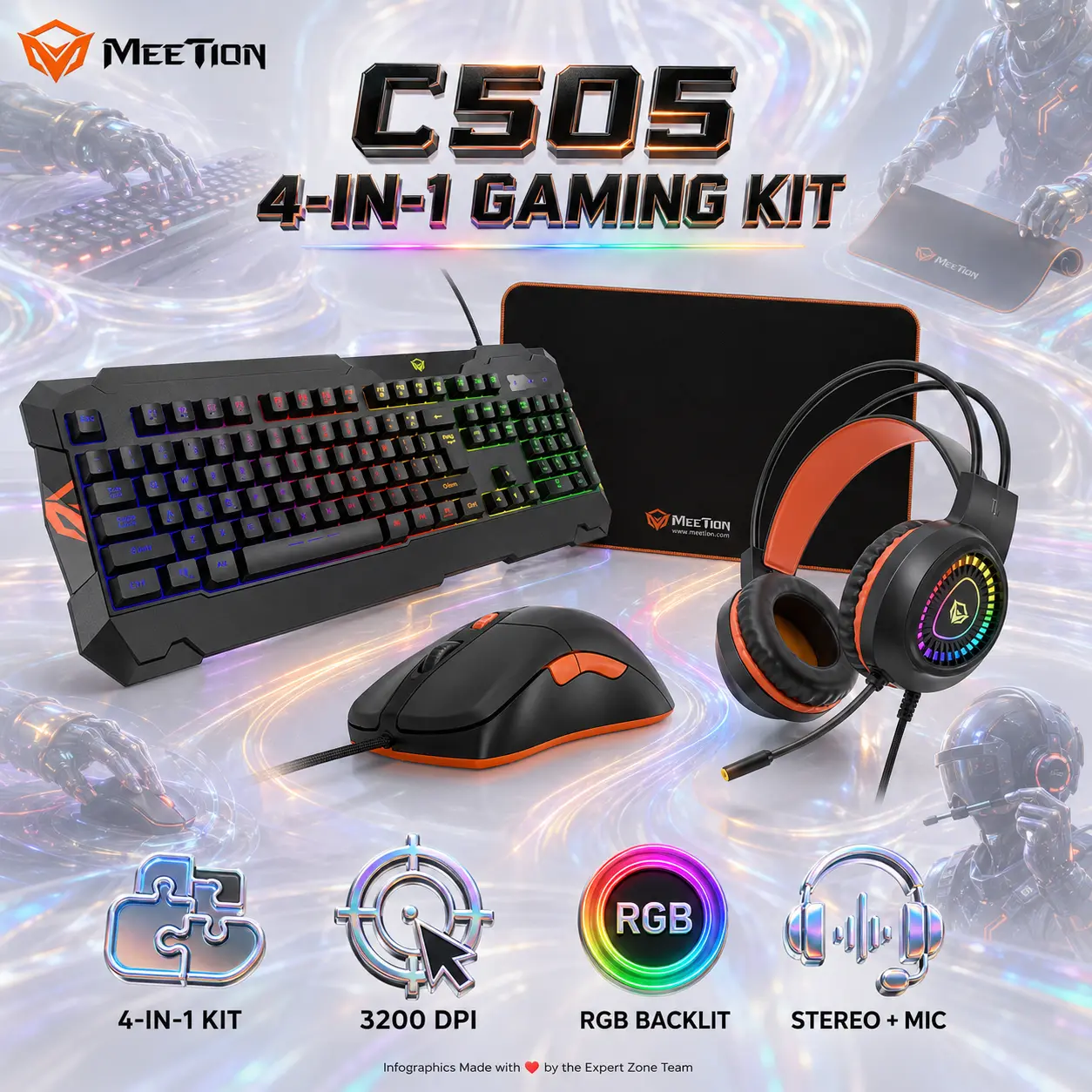 IMG_6a994bbc5277e.webp Meetion C505 4-in-1 Wired RGB Gaming Kit with Backlit Full-Size Keyboard, 3200 DPI Mouse, Stereo Headset with Microphone & Precision Mouse Pad – Black - Image 1