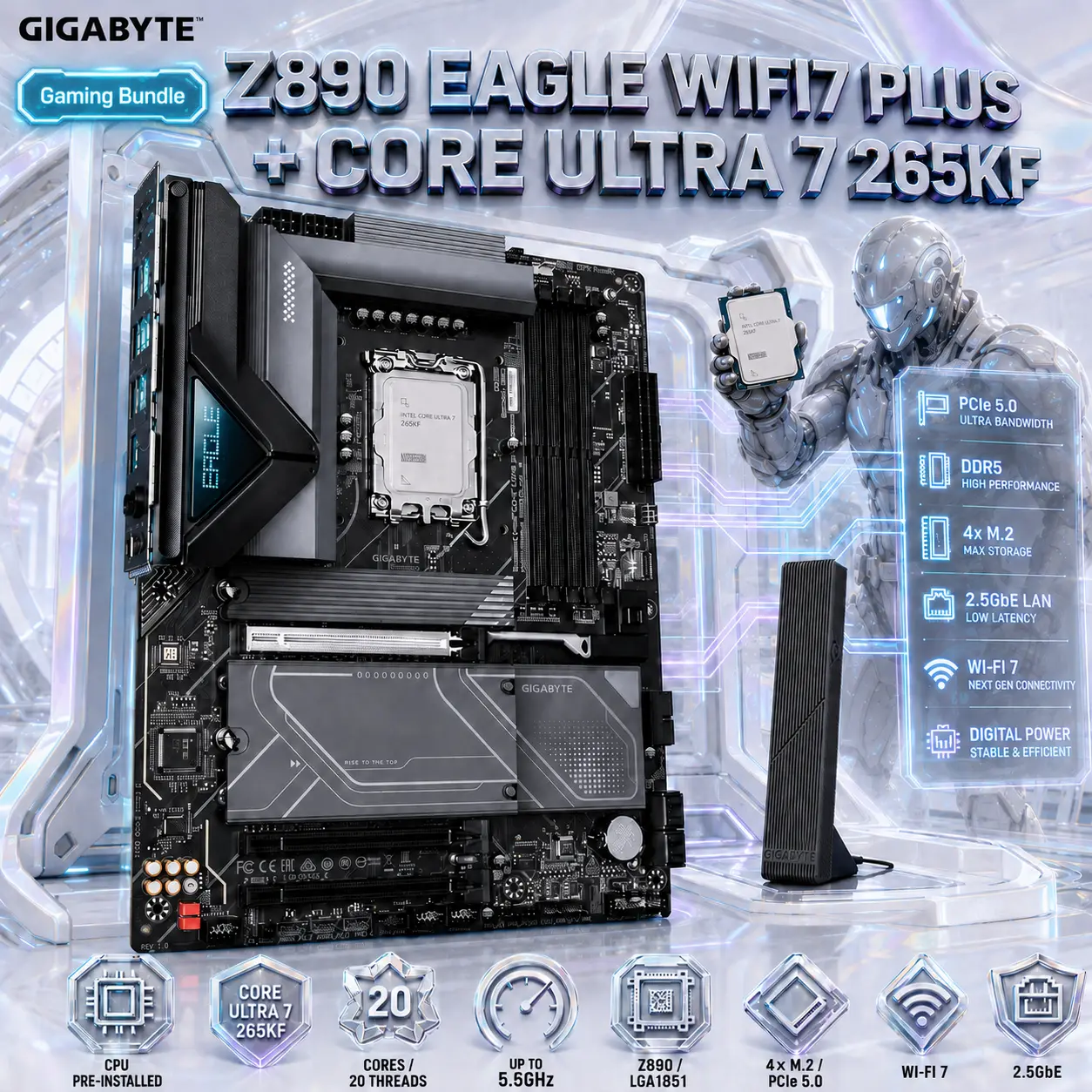 IMG_6a9abd3a08de7.webp GIGABYTE Z890 EAGLE WIFI7 PLUS + Intel Core Ultra 7 265KF Gaming Bundle, CPU Pre-Installed, 20C/20T, 5.5GHz, 4 x DDR5 DIMMs 9466+MT/s (OC), PCIe 5.0, 4×M.2, Wi-Fi 7 & 2.5GbE - Image 1