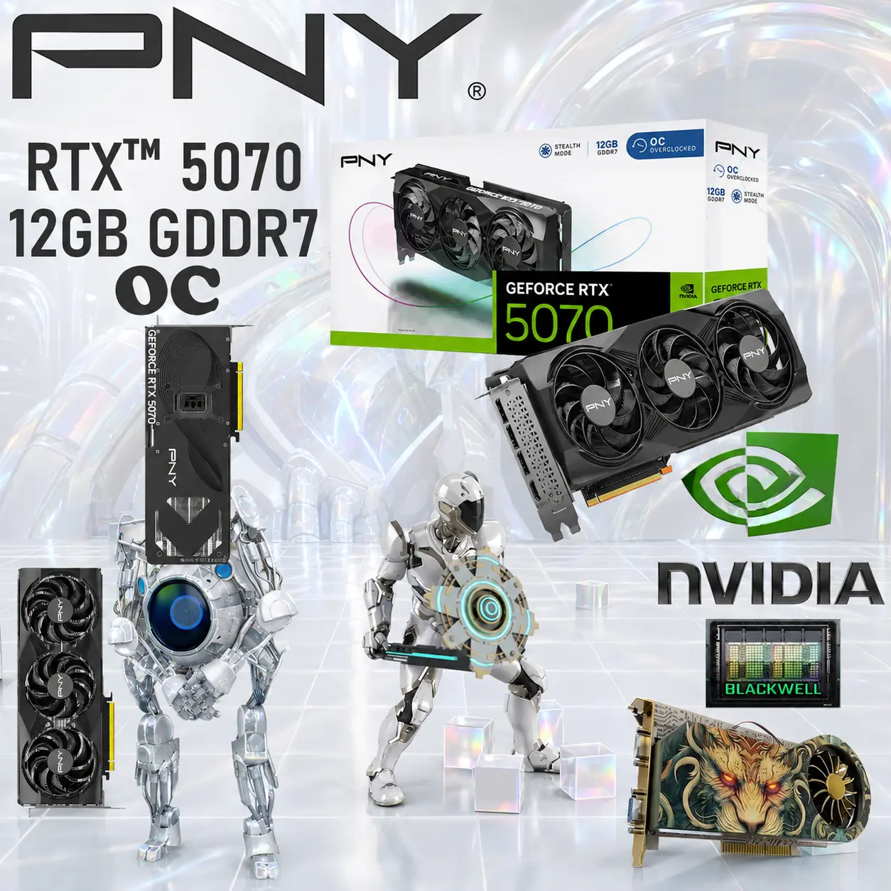 IMG_6a9ac90fa50e3.webp PNY GeForce RTX 5070 OC 12GB GDDR7 Overclocked GPU With Triple Fan Cooling & Stealth Mode , DLSS 4, Ray Tracing, PCIe 5.0, 6144 CUDA , 2587 MHz Boost, Blackwell Architecture, 4K/8K Ready, Metal Backplate, 250W TDP | BLACK - Image 1