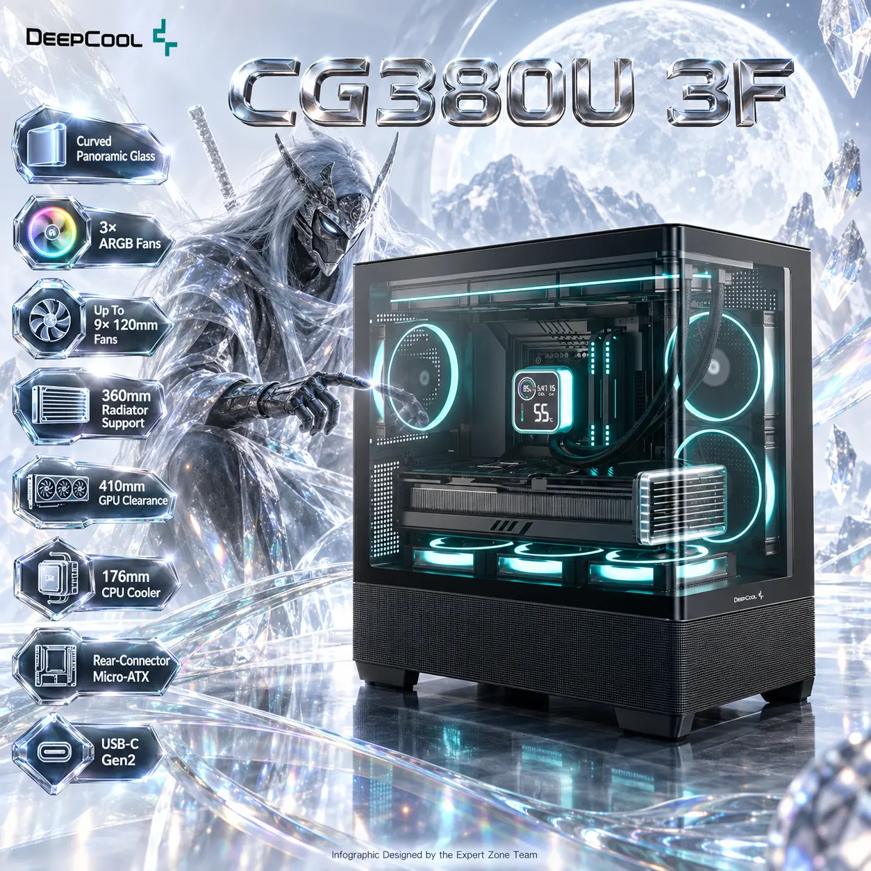 IMG_6aa3f62cb39a7-2.webp DeepCool CG380U 3F Curved Panoramic Micro-ATX Gaming Case, 3× ARGB Fans, 360mm Radiator, 410mm GPU, Rear-Connector Support, USB-C Gen2 | Black - Image 1