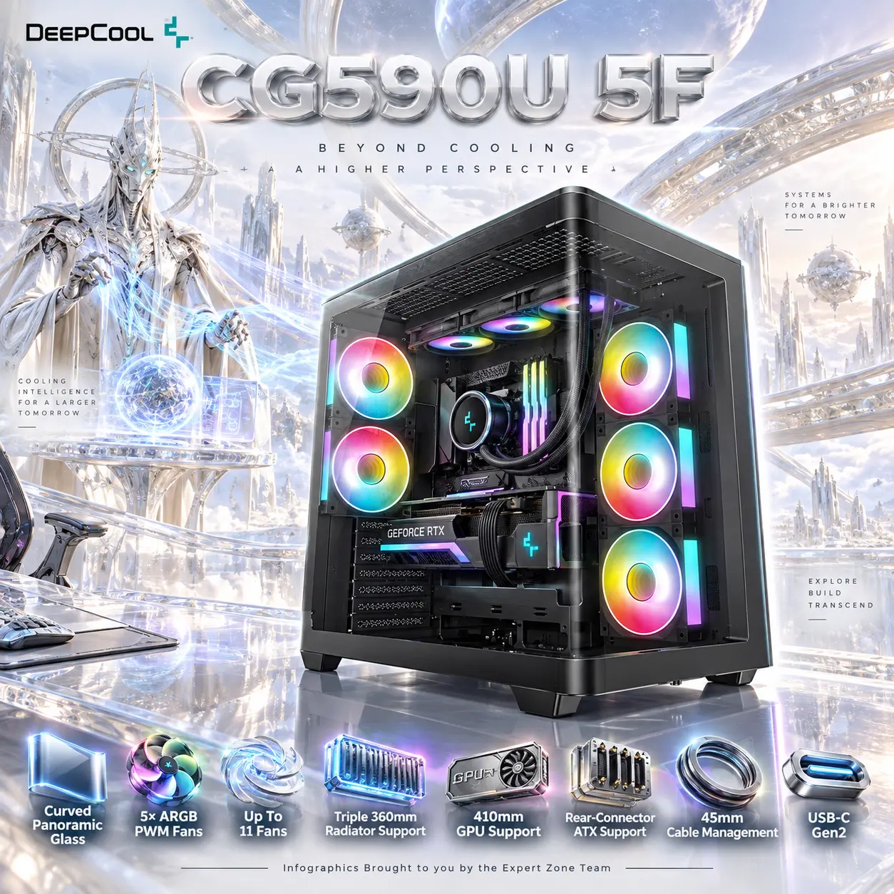 IMG_6aa3fb5867bc8-2.webp DeepCool CG590U 5F Curved-Glass ATX Gaming Case, 5× ARGB PWM Fans, Triple 360mm Radiator Support, 410mm GPU, Rear-Connector Support, USB-C Gen2 | BLACK - Image 1