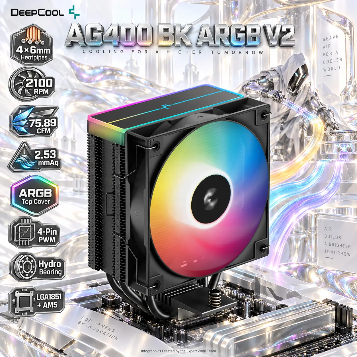 IMG_6aa55473c568a-2.webp DeepCool AG400 BK ARGB V2 CPU Cooler, 4×6mm Heatpipes, 120mm ARGB PWM Fan, 2100 RPM, 75.89 CFM, 2.53 mmAq, LGA1851/1700 & AM5/AM4 | BLACK - Image 1