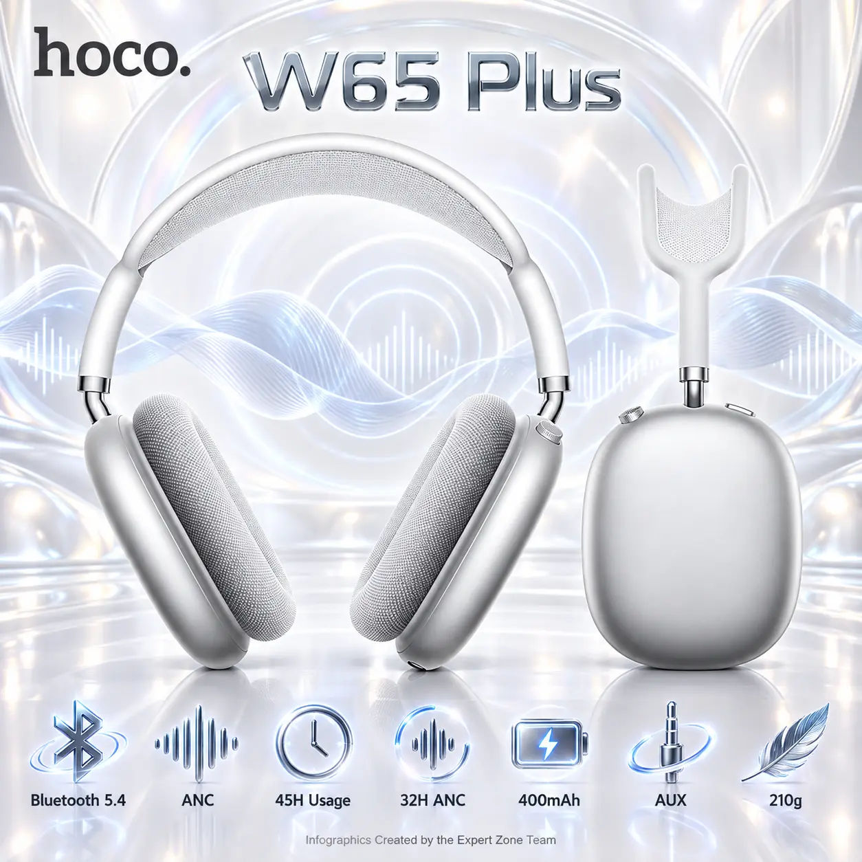 IMG_6ab23534b9790-1.webp HOCO W65 Plus Silver ANC Wireless Headphones With Bluetooth 5.4, AUX Support, 45-Hour Battery, 32-Hour ANC Usage, 400mAh Battery, And Fabric Ear Tips - Image 1