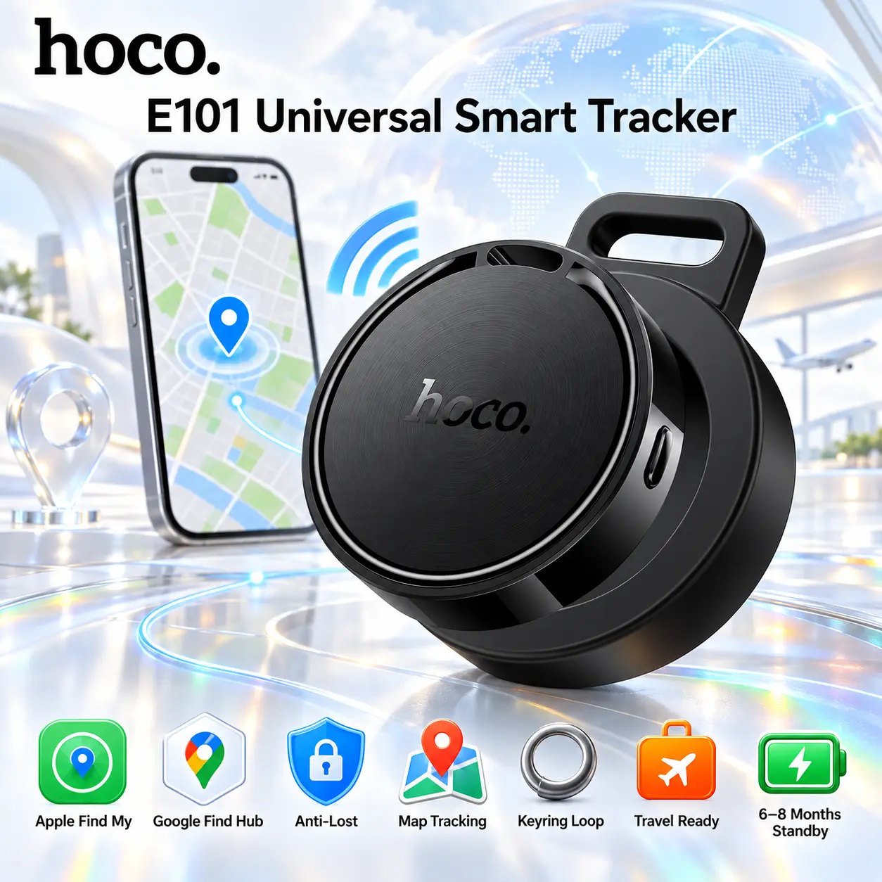 IMG_6ab23abf84427-1.webp HOCO E101 Universal Smart Tracker For Apple Find My And Google Find Hub, Black Anti-Lost Locator For Keys, Bags, Wallets, Luggage, Backpacks - Image 1