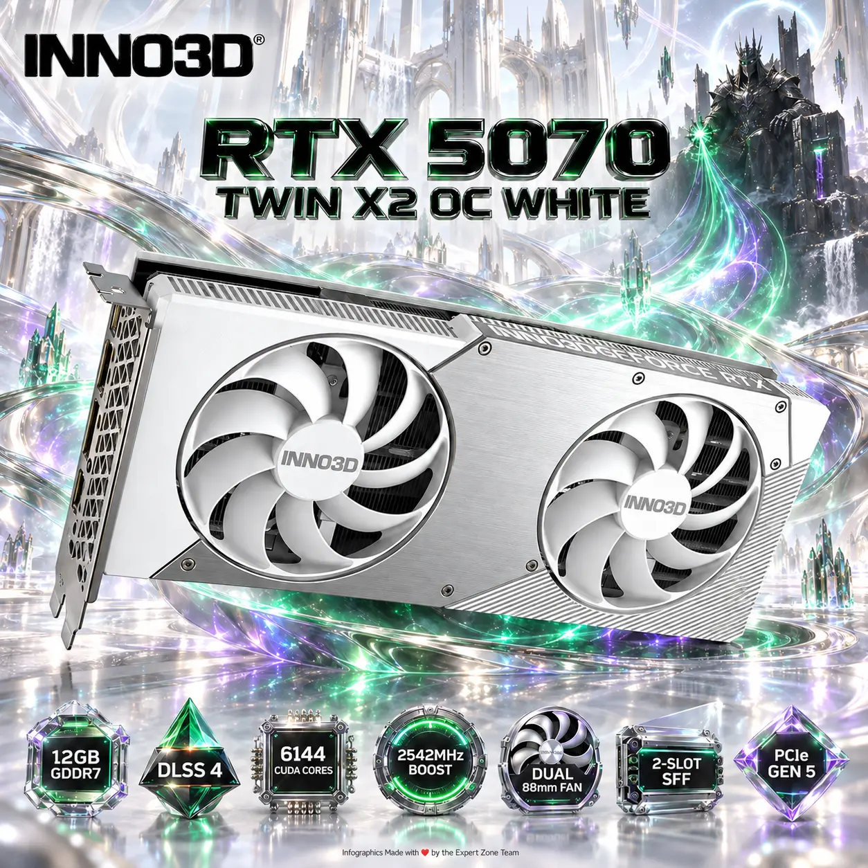 IMG_6ab3947b96d58.webp INNO3D GeForce RTX 5070 TWIN X2 OC WHITE 12GB GDDR7, 2542MHz Boost, 6144 CUDA, DLSS 4, Dual 88mm Fan, 2-Slot SFF, PCIe 5.0, DP 2.1b + HDMI 2.1b - Image 1