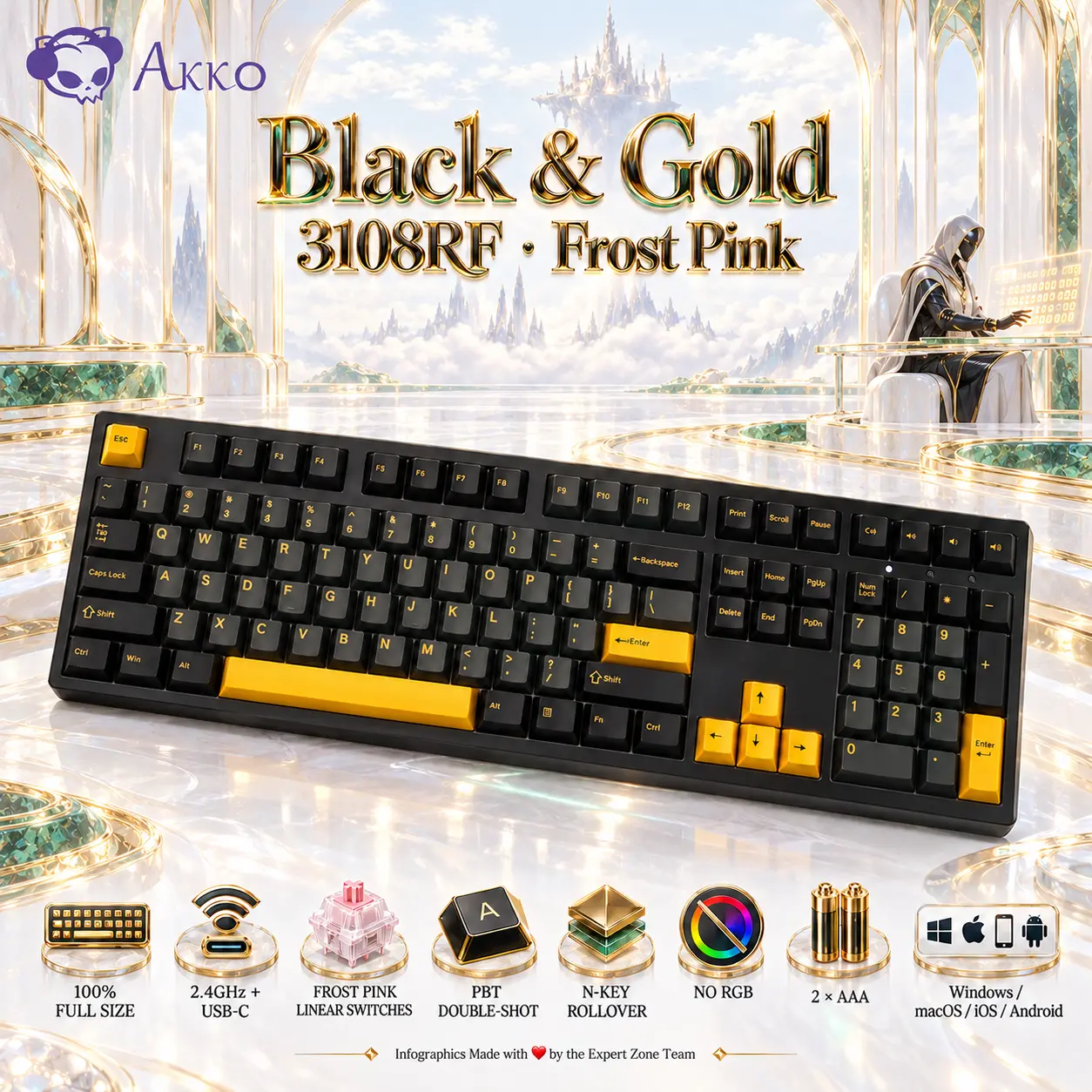 IMG_6ab4d42f82ab4-2.webp AKKO Black & Gold 3108RF Full-Size Dual-Mode Wireless (2.4GHz & USB-C) Mechanical Keyboard, Frost Pink Linear Switches, PBT Double-Shot Keycaps, Cherry Profile, 2 × AAA Batteries - Image 1