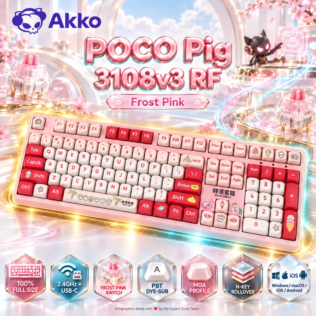 IMG_6ab4e36bd549d-2.webp AKKO POCO Pig 3108v3 RF Full-Size Dual-Mode Wireless (2.4GHz & USB-C) Mechanical Keyboard, Frost Pink Linear Switches, PBT Dye-Sub MOA Keycaps, For Windows / macOS / iOS / Android - Image 1