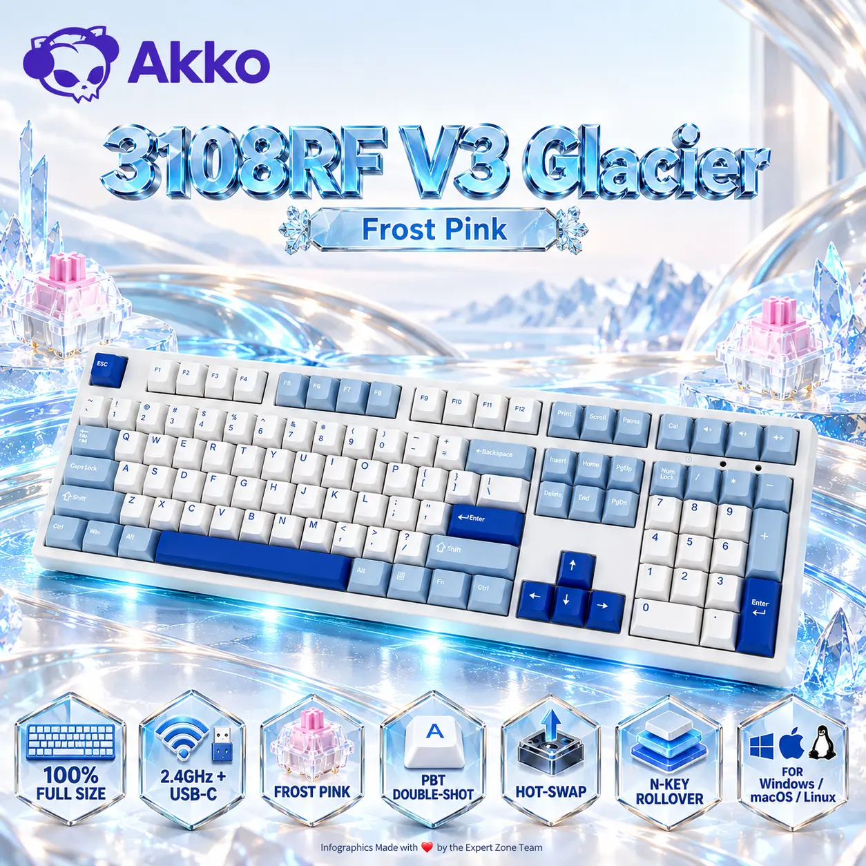 IMG_6ab4ecb769345-2.webp AKKO 3108RF V3 Glacier Full-Size Dual-Mode Wireless (2.4GHz & USB-C) Mechanical Keyboard, Frost Pink Linear Switches, PBT Double-Shot Cherry Keycaps, For ( Windows / macOS / Linux) - Image 1