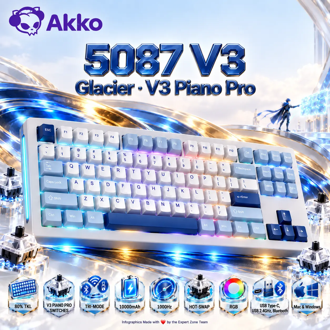 IMG_6ab528338ea9f-2.webp AKKO 5087 V3 Glacier 80% TKL Tri-Mode Wireless Mechanical Keyboard, V3 Piano Pro Linear Switches, (USB Type-C, USB 2.4GHz) Connectivity, 10000mAh Battery, RGB, Gasket Mount & Hot-Swap, For Mac & Windows - Image 1