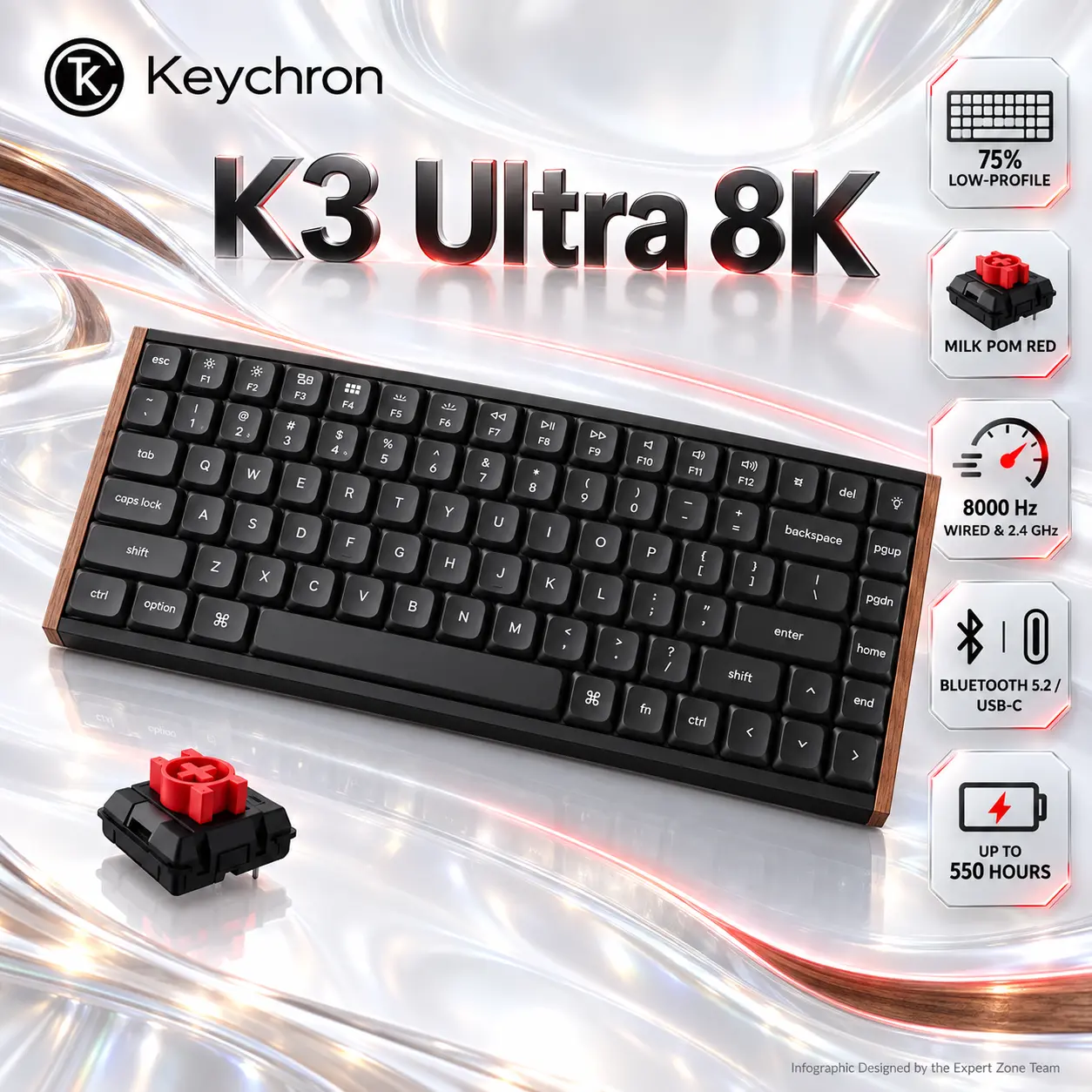 IMG_6ab7a6da255fa.webp Keychron K3 Ultra 8K 75% Wireless Mechanical Keyboard, Black, Milk POM Red Switches, 8000 Hz, Bluetooth 5.2, USB-C, RGB, Hot-Swappable - Image 1