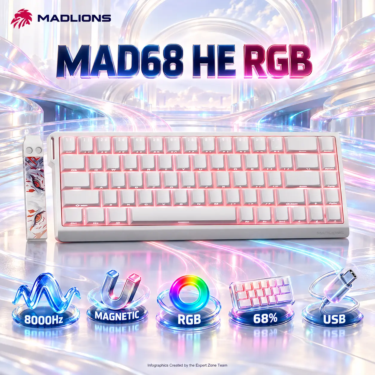 IMG_6aba6c8ee1a7c.webp FGG MAD68 HE White 68% Wired RGB Keyboard with Magnetic Amber Pro Switches, USB Connection, Up to 8000Hz Polling Rate, PBT Keycaps, N-Key Rollover and Anti-Ghosting - Image 1