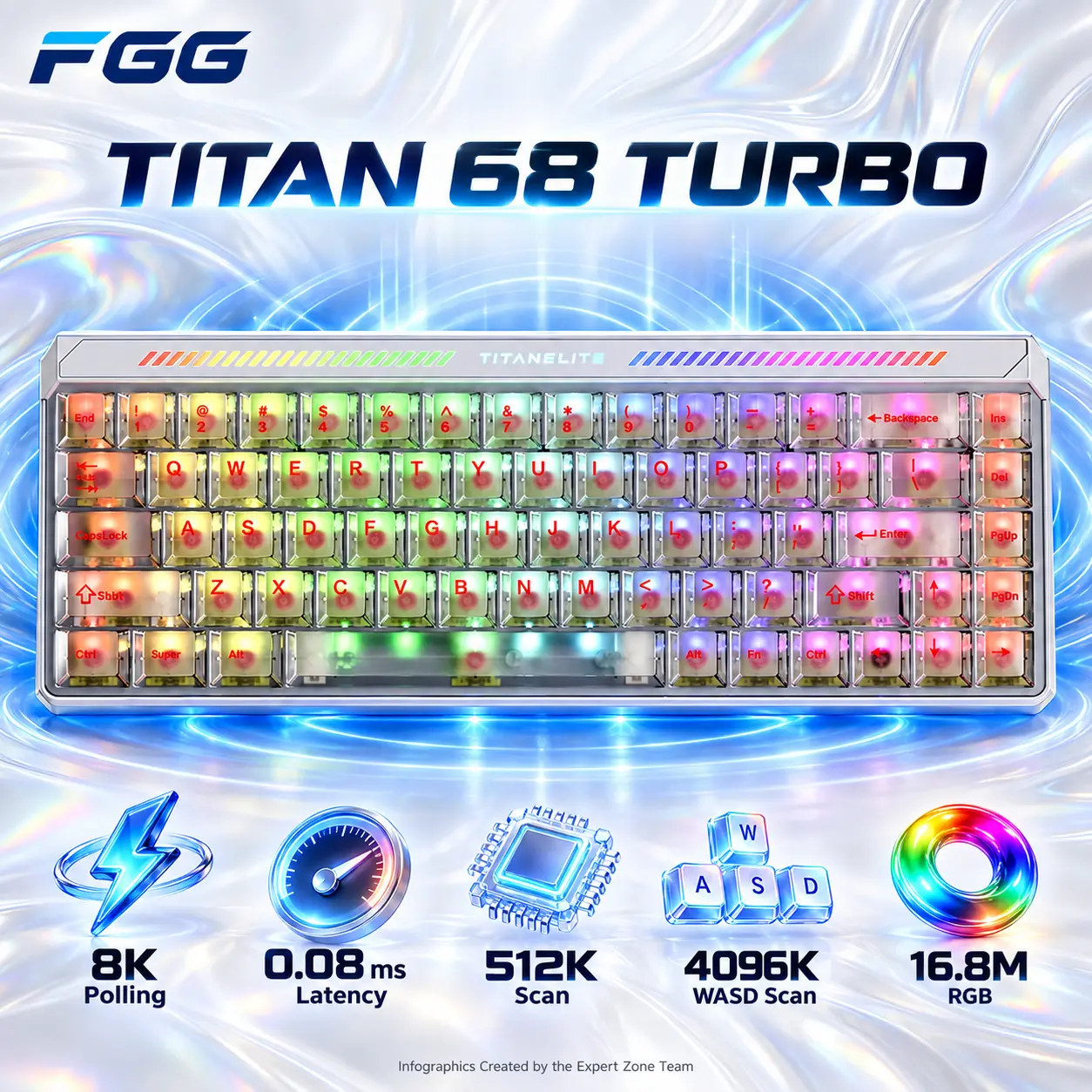 IMG_6abb6aa8cc358.webp FGG TITAN 68 TURBO White 68% Wired Hall Effect Keyboard with Magneto RGB Switches, 8K Polling, 0.08 ms Latency, 512K Scan Rate, and 16.8M-Color RGB - Image 1
