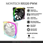 MONTECH RX120 PWM 120mm Reverse-Blade ARGB Fans, 800–1600 RPM, 59 CFM, 1.8 mmH₂O, 27 dBA Near Silent, 4-Pin PWM, 5V 3-Pin ARGB | BLACK ~ ONE SINGLE FAN - Image 2