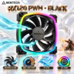 MONTECH RX120 PWM 120mm Reverse-Blade ARGB Fans, 800–1600 RPM, 59 CFM, 1.8 mmH₂O, 27 dBA Near Silent, 4-Pin PWM, 5V 3-Pin ARGB | BLACK ~ ONE SINGLE FAN
