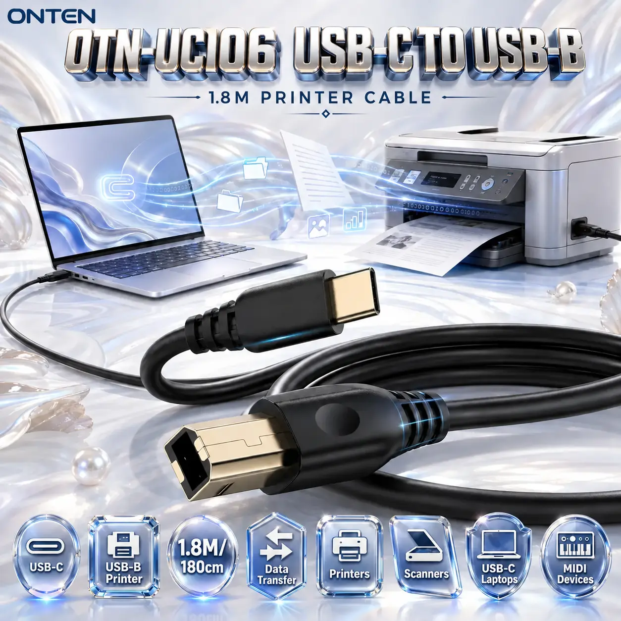 IMG_6abcfdfc3eaa2.webp ONTEN OTN-UC106 USB-C to USB-B Printer Cable – 1.8M Data Cable for Compatible Printers, Scanners, MIDI Controllers, Laptops, and USB-C Devices - Image 1