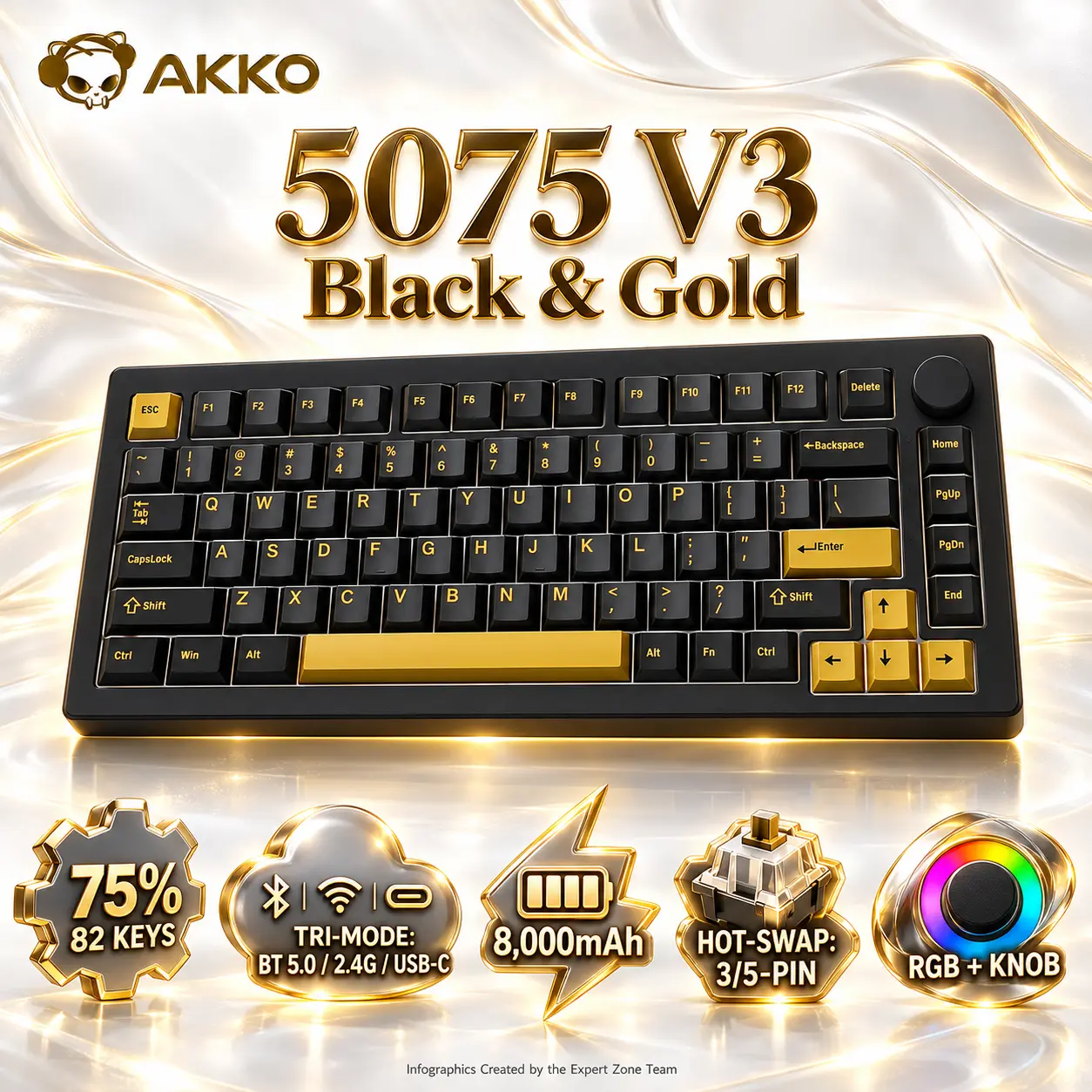 IMG_6abd0b4f2e8ff.webp Akko 5075 V3 Black & Gold 75% Tri-Mode Mechanical Keyboard, BitterSweet Switches, RGB, Hot-Swappable, Gasket Mount, 8,000mAh - Image 1