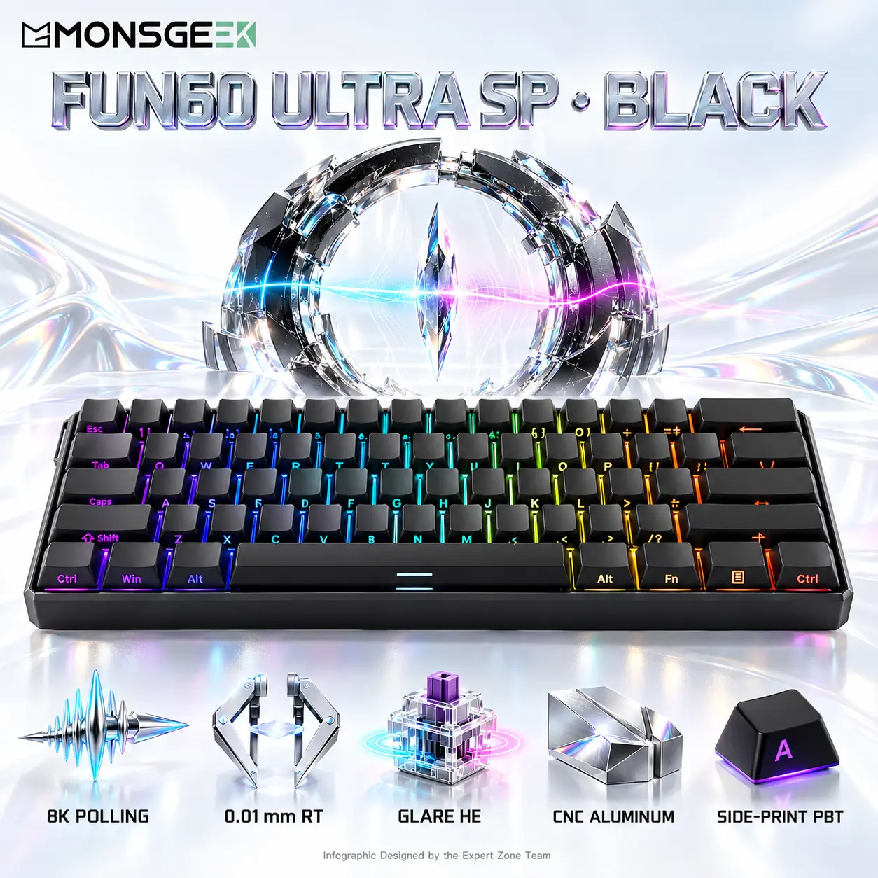 IMG_6abe0ffcc753a.webp MonsGeek FUN60 Ultra SP Black 60% Wired HE Magnetic Keyboard, Glare Switches, 8K Polling, 0.01mm RT, CNC Aluminum Chassis, Side-Printed PBT & ARGB - Image 1