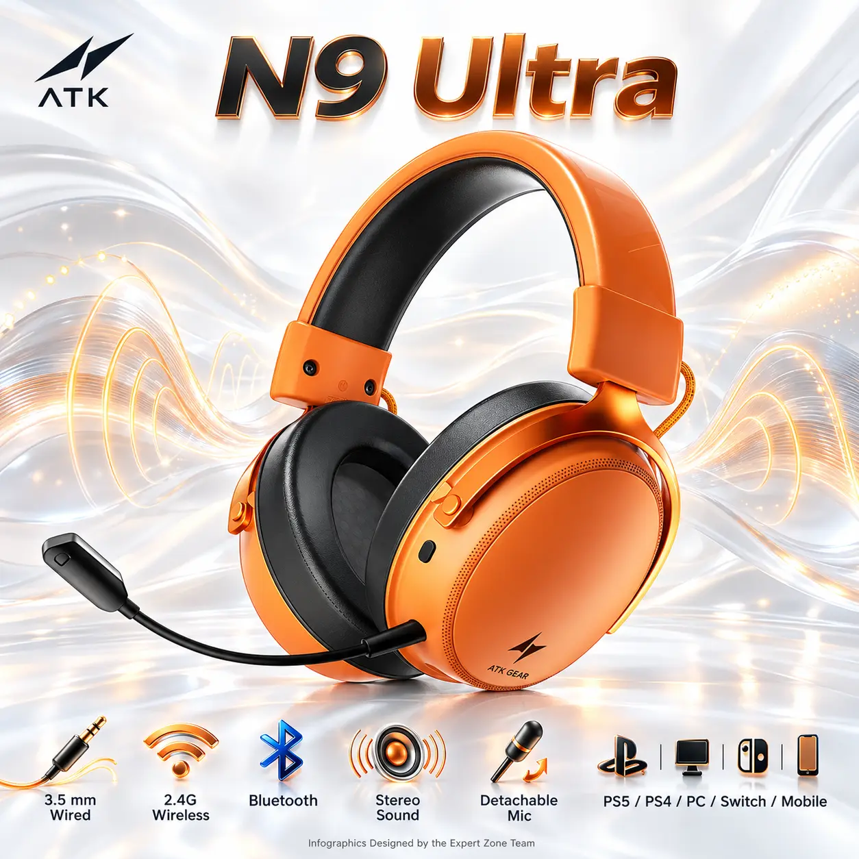 IMG_6abe2f4831d56.webp ATK N9 Ultra Orange Tri-Mode Over-Ear Gaming Headset with Stereo Sound, Detachable Noise-Reducing Mic, 3.5 mm Wired, 2.4G Wireless and Bluetooth - Image 1