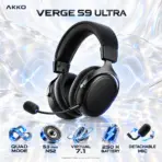 Akko Verge S9 Ultra Black Quad-Mode Wireless Gaming Headset with 53 mm N52 Drivers, Virtual 7.1 Surround, Detachable Mic, USB-C, Bluetooth, 2.4 GHz Wireless, and 2000 mAh Battery