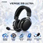 Akko Verge S9 Ultra Black Quad-Mode Wireless Gaming Headset with 53 mm N52 Drivers, Virtual 7.1 Surround, Detachable Mic, USB-C, Bluetooth, 2.4 GHz Wireless, and 2000 mAh Battery