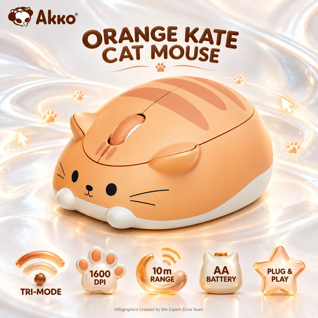 IMG_6abe4dd8d39ca-1.webp Akko Orange KATE Cat Theme Optical Mouse with Tri-Mode Bluetooth 3.0, Bluetooth 5.0 and 2.4 GHz Wireless, 1600 DPI, Ergonomic ABS Design, and 10 m Range - Image 1