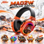 Akko MA02W Wasteland Survival Black & Orange Wireless Gaming Headset with 50 mm Stereo Drivers, Dynamic RGB, Detachable Omnidirectional Mic, Bluetooth 5.3, 2.4 GHz, and 1200 mAh Battery