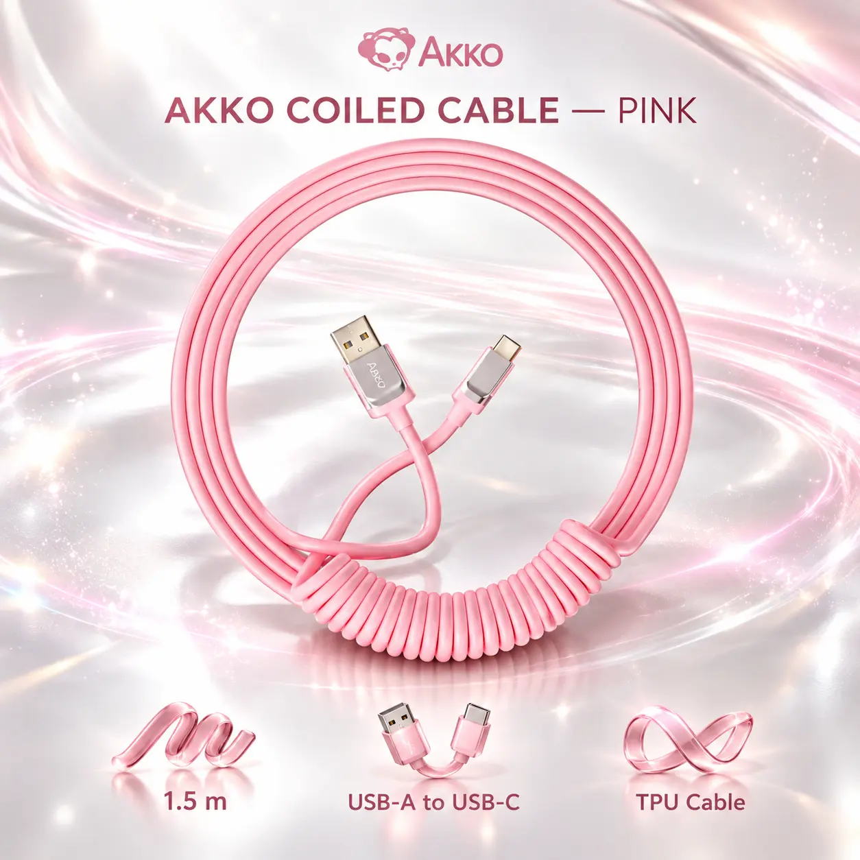 IMG_6abe5be66fc24-1.webp Akko Coiled Cable – Pink 1.5 m TPU USB-A to USB-C Keyboard Cable with Zinc Alloy Connectors - Image 1