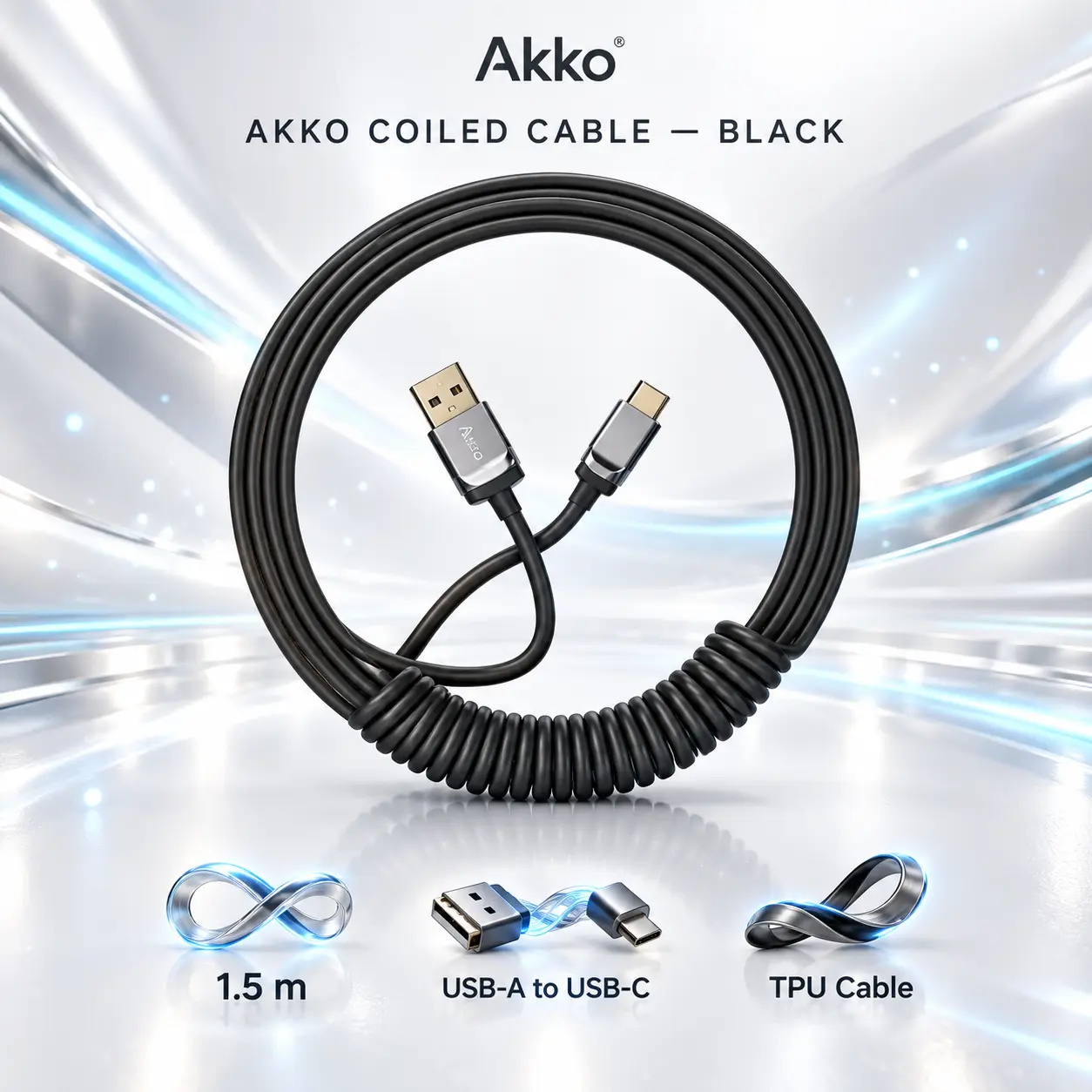 IMG_6abe5fbbcd392-1.webp Akko Coiled Cable – Black 1.5 m TPU USB-A to USB-C Keyboard Cable with Zinc Alloy Connectors - Image 1